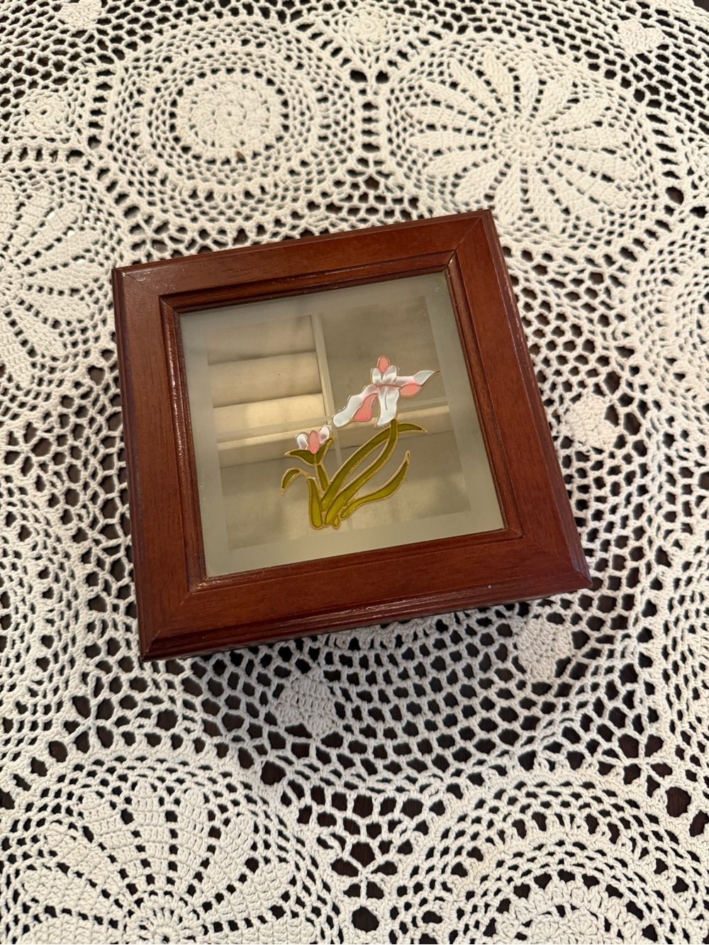 Vintage Wooden Jewelry Box Chest with Faux Stained Glass Floral Design